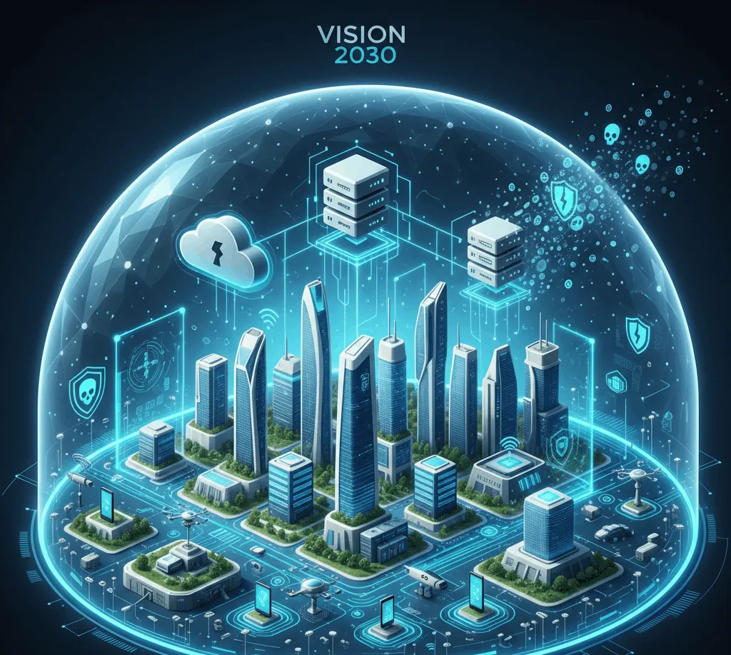 llustration of a Saudi smart city secured by advanced cybersecurity technology.